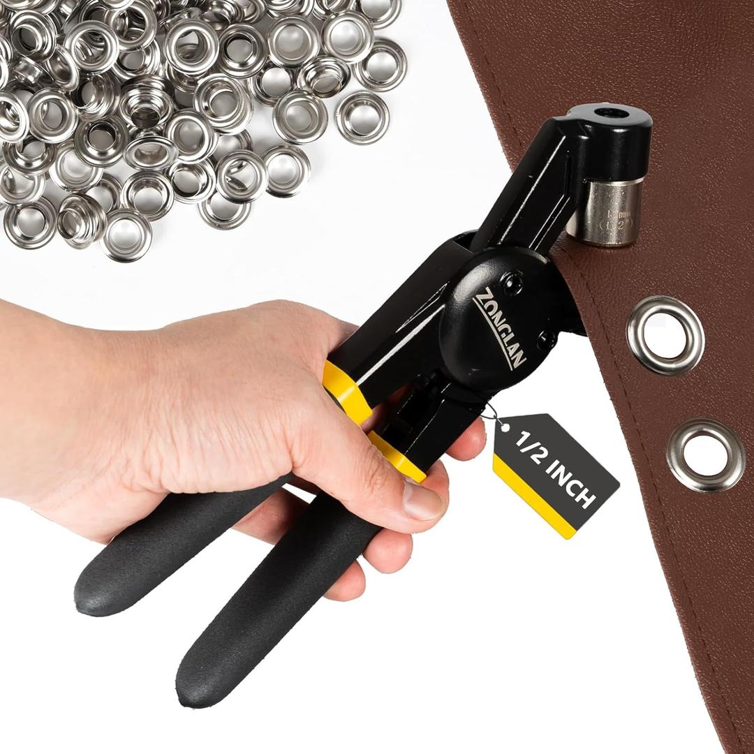 Heavy Duty Grommet Tool Kit with 1/2 Inch Die and 300 Sets of 12MM Grommets, Handheld Manual Eyelet Tool Rivet Press Punch Pliers for Leather Canvas Fabric