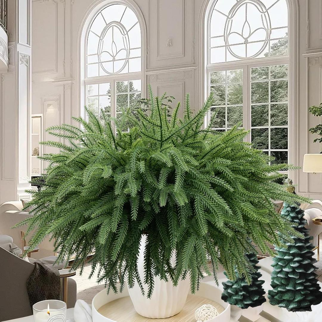 Christmas Norfolk Pine Branches Stems 18 Inch Real Touch Artificial Norfolk Pine Stems Branch Faux Cedar Pine Christmas Fake Greenery Picks for Vase DIY Garland Wreath Home Decoration (12)