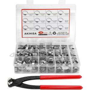 AKIHISA 180 PCS Single Ear Hose Clamps, 12 Sizes 5.3-33.1mm Crimp Hose Clamps with Ear Clamps Pincer, 304 Stainless Steel Crimp Pinch Fitting Tools Kit