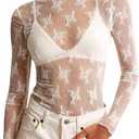 KTILG Womens Lace Long Sleeve Boat Neck Tops Sheer Blouse Sexy See Through Shirt Mesh Top (Large, White)