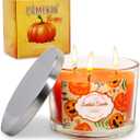 3 Wick 14oz Pumpkin Scented Orange Candle in Glass Jar with Lid, Large Fall Colored Aromatherapy Gift Candle for Harvest Halloween Home Table Decoration - 60-70 Hours Burning Time