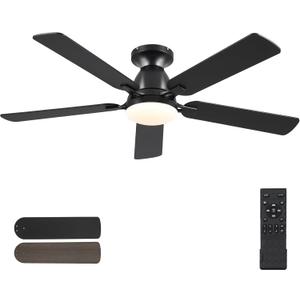 Ceiling Fans with Lights, 52 Inch Flush Mount Ceiling Fan with Light and Remote, Low Profile Black Ceiling Fan for Bedroom Living Room, Quiet DC Motor, Reversible, Dimmable LED, Black