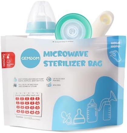 Gemdom 15 Pack Microwave Steam Sterilizer Bags Plus, Large Size for Baby Bottles Soothers, Teethers, Breast Pump Parts, Training Cups and Accessories, 20 Uses Per Bag, Baby Travel Essential