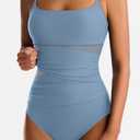 One Piece Swimsuit for Women Tummy Control Mesh Bathing Suits Sexy Push Up Swimsuits Slimming Square Neck Swimwear (Blue, L)