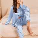 Ekouaer Silk Pajamas for Women Satin Pajama Sets Button Down Lounge Sets Silky Pajama Long Pants Sleepwear with Pockets (Blue, XXL)