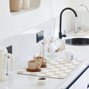 Checkered Dish Drying Mat for Kitchen Counter, Coffee Bar Station Accessories, Retro Cute Aesthetic Modern Absorbent Drainer Mat Kitchen Drying Mat Easy Clean, Beige 16" x 24"