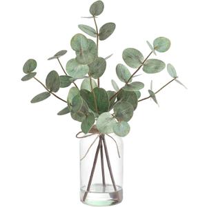 Artificial Eucalyptus Stems in Glass Vase with Faux Water,3Pcs Fake Plant with Double-Sided Green Leaves for Home, Bathroom, Office, Farmhouse, Shelf Coffee Table Decor