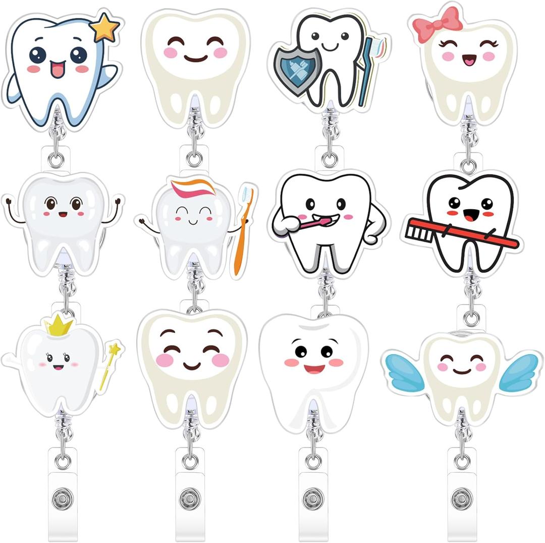 Geyoga 12 Pcs Dental Badge Reel Dental Hygiene Appreciation Gifts Tooth Shaped Badge Holder Retractable with ID Clip for Nurse Week Coworker Office Hygiene Hygienist School Student Friend Graduation