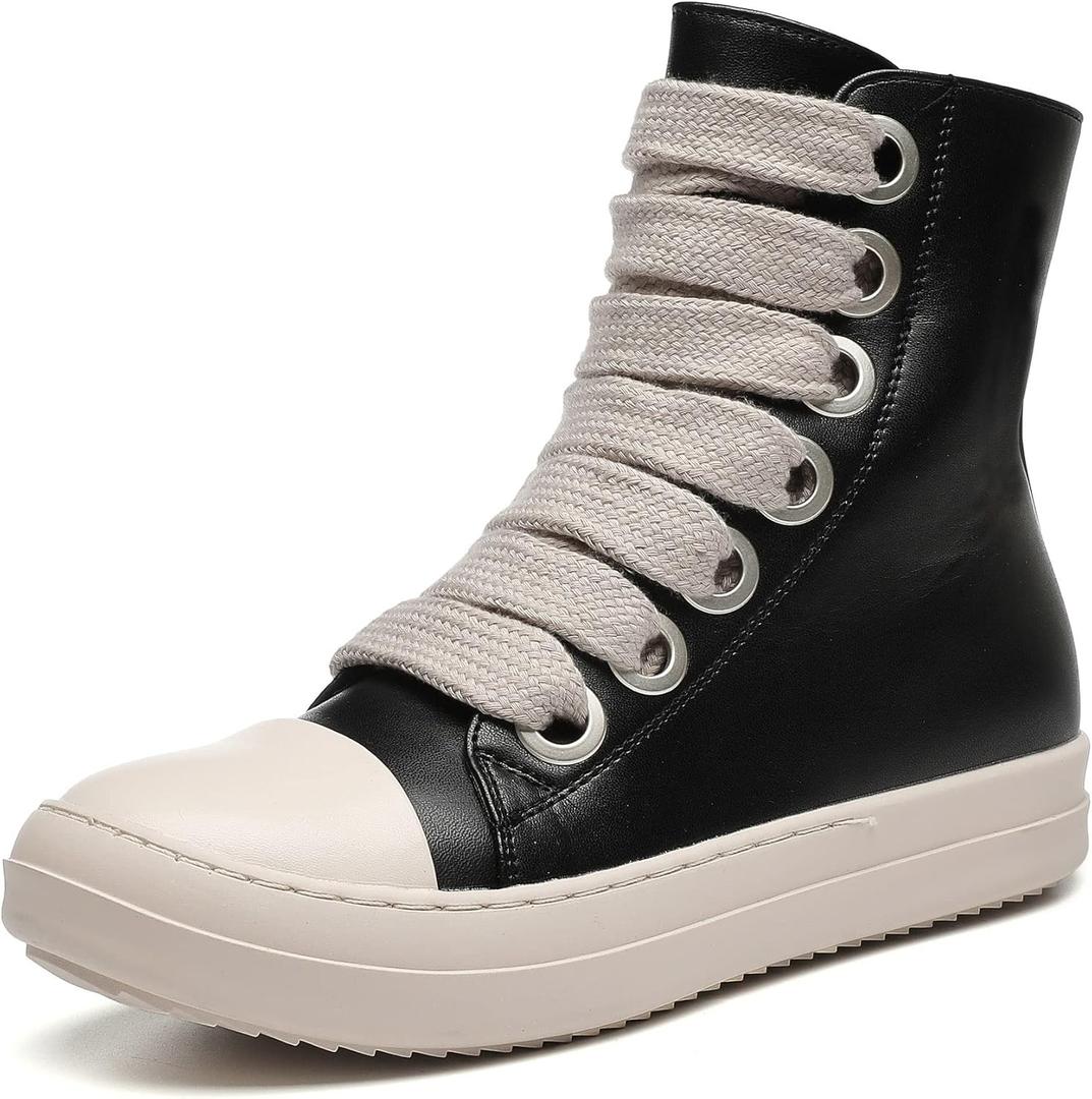 MOFEEDOUKA Womens High Top Sneakers Thick Shoe Laces PU Leather Comfort Platform Walking Shoes with Zipper, Size 39