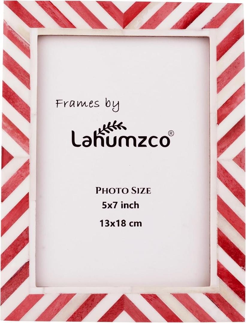 5x7 Red & White Bone Inlay Photo Frame  Handmade Chevron Pattern Picture Frame for Christmas Gifts, Holiday Home Dcor, Tabletop & Wall Display  Festive Rustic Frame, Gift Ready