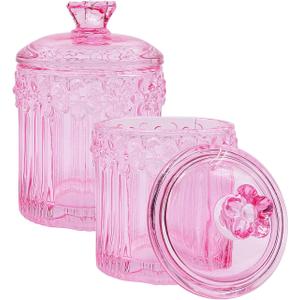 2 Pack Qtip Holder Glass Apothecary Jars with Lids Set, Crystal Q-tip Canister Jar Bathroom Vanity Organizer for Cotton Ball, Cotton Swab, Floss, Candy - Clear (Pink)