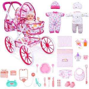 JIZHI Baby Doll Stroller with 12 Inch Dolls, 27-Piece Doll Stroller Set with Baby Doll Accessories for Pretend Play, Feeding & Bedding Playset Gift for Kids 3+