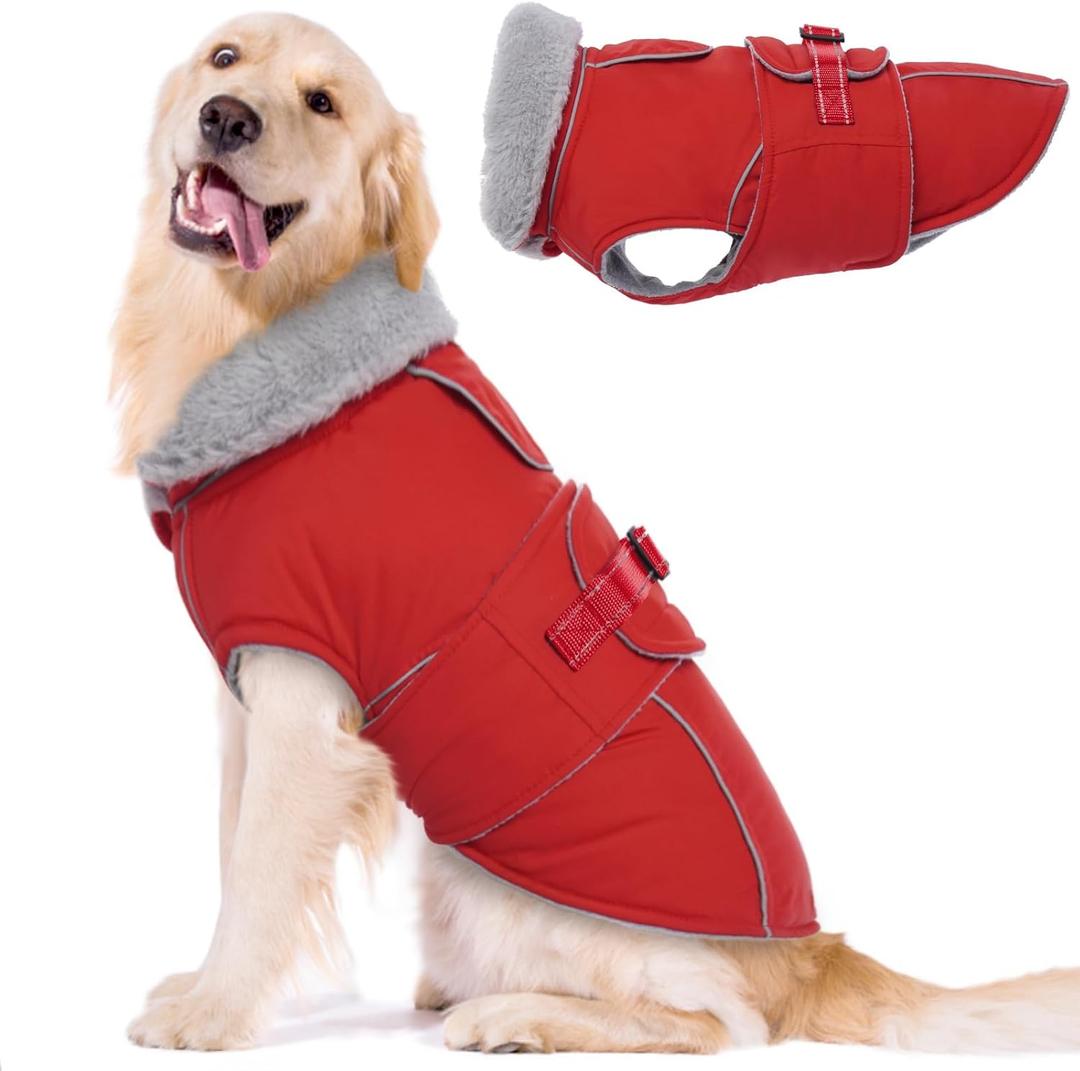 Lelepet Warm Dog Coat Waterproof Dog Jacket Reflective Fleece Vest with Adjustable Buckle Hook & Loop, Windproof Winter Jacket Dogs Coats for Small Medium Large Dogs, Red, XXXL (3XL)