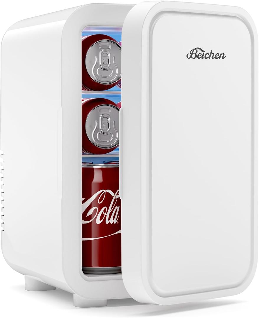 Mini Fridge,6 Liter / 8 Can Small Fridge for Bedroom, Car, Office & Dorm, 110V AC/DC Portable Thermoelectric Cooler & Warmer for Skincare, Food, Drinks, White
