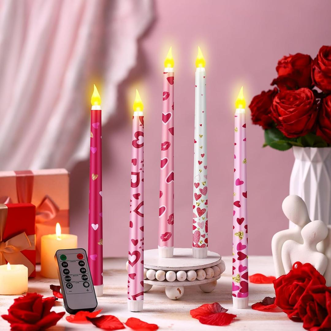 5 Pcs Valentines Day LED Flameless Candle Set Valentine Day Flameless Taper Candles with Heart Battery Operated Seasonal Celebration with Remote for Wedding Romantic Night