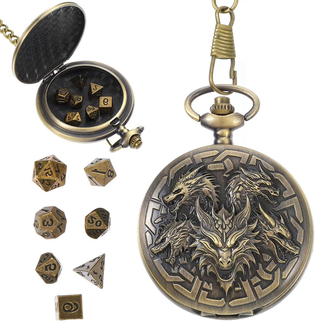 DND Dice Set, 8Pcs Polyhedral Metal Dice Set for Dungeons and Dragons with Pocket Watch Case, Mini DND Dices, Antique Gold