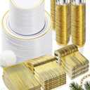 BESTVIP 600PCS Gold Dinnerware Set for 100 Guests, Plastic Plates for Party, 100 Gold Disposable Plates, 100 Dessert Plates, 100 Cups, 100 Spoons, 100 Forks and 100 Knives