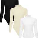 3 Piece Women's Mock Turtle Neck Long Sleeve Bodysuit T Shirts Body Suit Tops (X-Large, Black/White/Khaki)