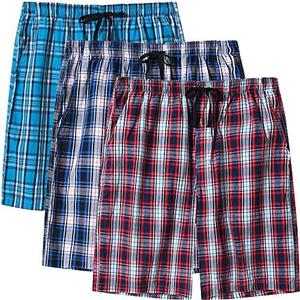 MoFiz Men's Sleepwear Shorts Pajama Bottom Lounge Short Plaid Button Open Fly 3Pack L