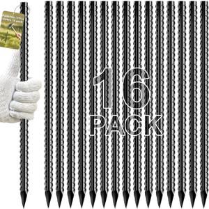 Rebar Stakes, 16 inch 16 Pack Ground Stakes Heavy Duty with Chisel Point End, 3/8" Diameter Straight Steel Metal Anchor for Garden Driveway Markers Concrete Form Landscape Camping Plant Black