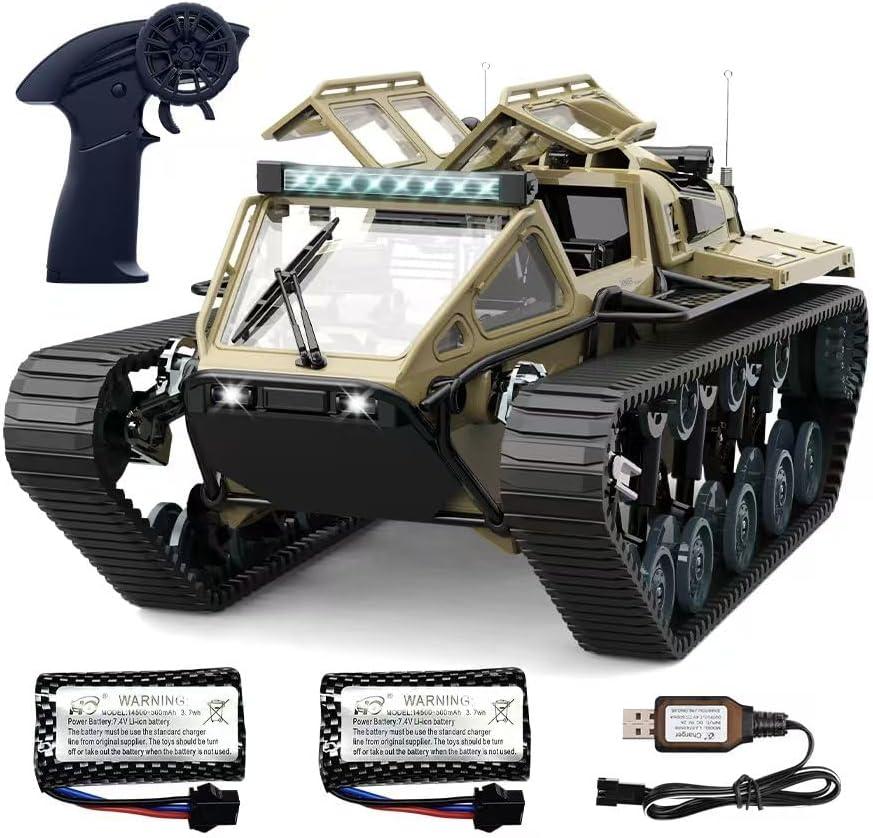 XCRCFUN RC Tank Car, 1:16 Remote Control Crawler 10KM/ H High Speed Tank, 2.4Ghz RC Rock Crawler Off-Road 4WD 360°Rotating Drifting Car with 2 Batteries, Military Truck Toy for Kids
