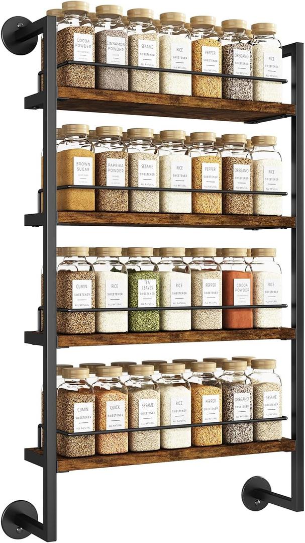 IBUYKE Spice Rack Wall Mount,4 Tier Hanging Seasoning Organizer, Large Spice Rack for Wall for up to 50 Jars, Spice Organization for Kitchen Cabinet, Bathroom, Pantry, Living Room, Brown TLJ016H