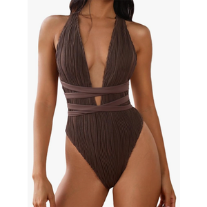 ZAFUL Women's One Piece Swimsuit Deep V Neck Ribbed Self Tie Sexy High Cut Bathing Suit Crisscross Back Swimwear Peacock Brown L
