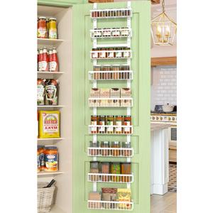Over the Door Pantry Organizer 9 Tier Metal Narrow Door Pantry Spice Rack with Height Adjustable Baskets Pantry Storage 14.8" W x 77" H for Kitchen, Bathroom (White)