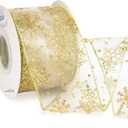 Ribbli Snowflake Glitter Wired Ribbon, Ivory Organza Sheer with Gold Glitter Snowflake Pattern and Iridescent Metallic Edge,2-1/2 Inch x 10Yards Christmas Ribbon for Tree Decoration