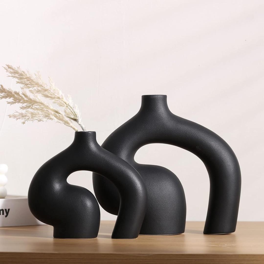 KIOXOHO Black Ceramic Vase Set 2 for Decor,Modern Abstract Vases for Home Decor,Nordic Minimalist Decor,Shelf Decor,Table Decor,Decorative Geometric Vases for Bookshelf,Mantel Décor