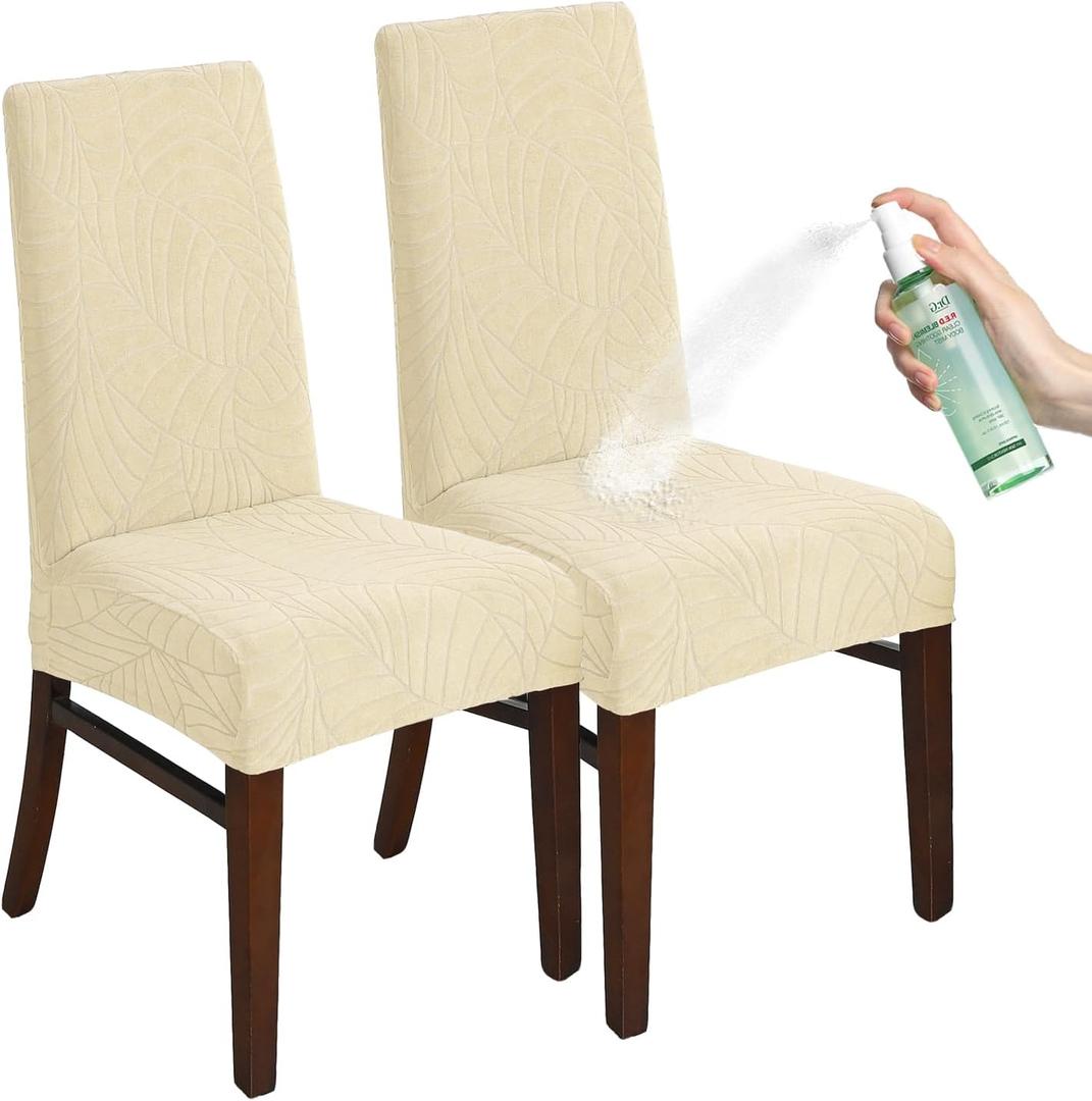 Chair Covers for Dining Room Set of 2/4/6, Stretch Jacquard Dining Chair Slipcover Covers, Removable Washable Waterproof Chair Covers (Cream,2 Pieces)