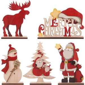 RoseCraft Christmas Decorations, Rustic Wooden Xmas Tabletop Decor, with Snowman Reindeer Xmas Tree Santa Claus Christmas Sign. for Home Farmhouse Indoor Holiday Party Decor - 5PCS.