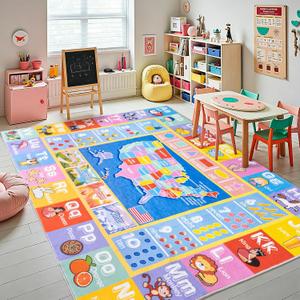 Kids Rugs for Playroom - Soft & Non-Slip 7x9 Feet Educational Rug for Learning ABC Alphabet, Numbers, Shapes & Map, Washable Classroom Rug for Toddler Nursery & Kids Room Decor