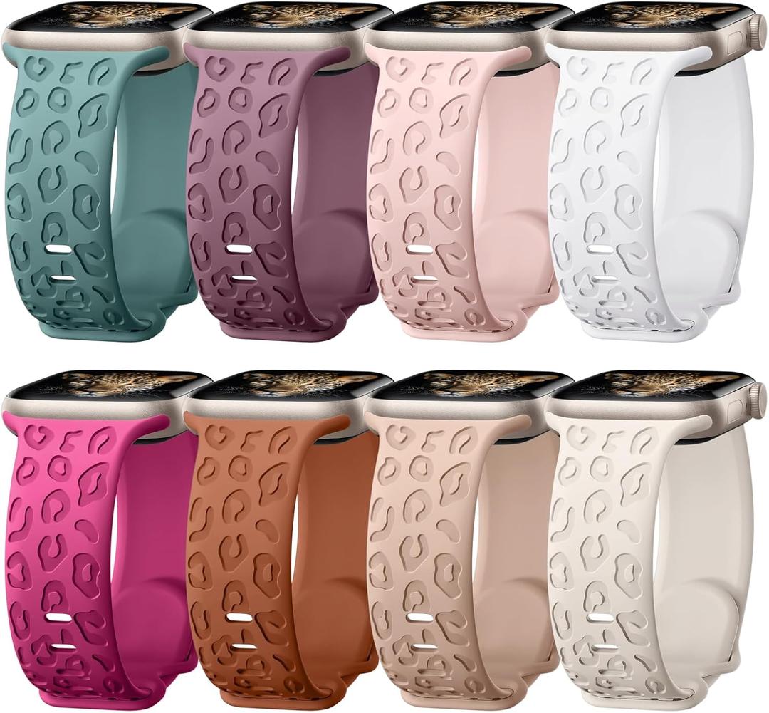 8 Pack Leopard Engraved Bands Compatible for Apple Watch Band 41mm 40mm 38mm 49mm 45mm 44mm 42mm 46mm Women, Cheetah Soft Silicone Sport Wristband Strap for iWatch Series 10 9 8 7 6 5 4 3 Ultra 2 SE