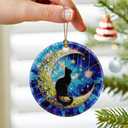 6 x Black Cat Ornament  Christmas Decoration & Christmas Ornament; Round Ceramic (Holiday Present, Bauble Present, Gift Idea, and Gift Exchange) | Heirloom Keepsake