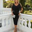 CHICME Womens V Neck Cold Shoulder Bodycon Midi Dress with Rhinestone and Pearls Cocktail Evening Wedding Guest Dress (Black, XL)
