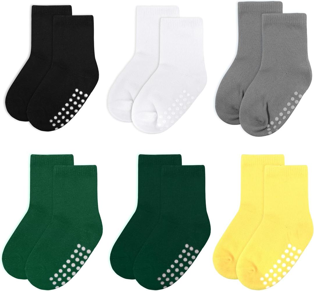3 x 6 Pack Baby Socks and Toddler Socks,Soft Cotton Crew Socks with Non-Slip Grips for Infants,Boys and Girls,6-12 Months,(Black/White/Gray/Green/DarkGreen/Yellow)