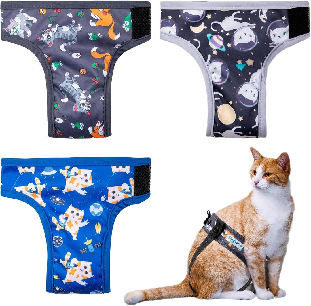 Leekalos Reusable Washable Cat Diapers (3 Pack) - Highly Absorbent Cat Diapers - Size Adjustable Diapers for Female Cats & Male Cat Easy to Put on Diapers (Large, Cats)