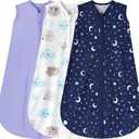 BSTOPPT 3 Pack Baby Sleep Sack 6-12 Months 100% Rayon Cotton Baby Sleeping Bag 2-Way Zipper Toddler Wearable Blankets Comfy Stretchy Lightweight TOG 0.3 Purple&Clouds&Starry Sky, Medium