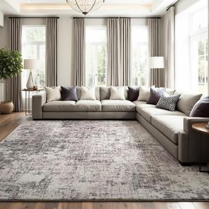 Area Rug for Living Room Bedroom 9x12 ft Washable Rugs with Non Slip Backing High Traffic Indoor Carpet for Dining Room Dorm Non-Shedding & Fade Resistant Modern Rugs (Grey)