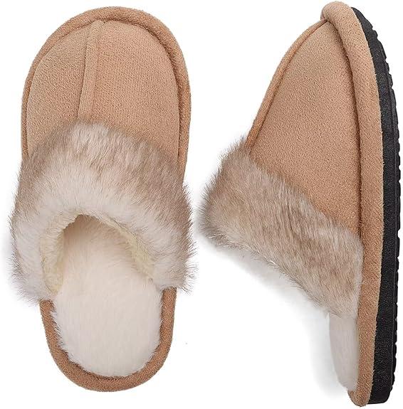 EQW Kids Slippers for Girls Boys - Warm Memory Foam Non-Slip House Shoes, Soft Plush Indoor Outdoor Bedroom Slides Size 4 Khaki