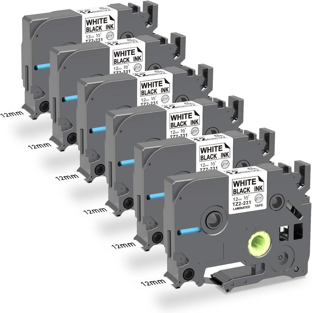 6 X Compatible with TZe-231 Brother Label Maker Tape,Replacement for TZ-231 12mm 0.47" Brother P-Touch Label Tape, Laminated Black on White Label Tape for PT-D210, PT-D220, PT-D200, PT-H110, PT-D410