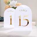 UNIQOOO White Arch Wedding Table Numbers with Stands 1-15, Gold Foil Printed 5x7 Double sided Acrylic Signs and Holders, Perfect for Centerpiece, Reception, Decoration, Party, Anniversary, Event