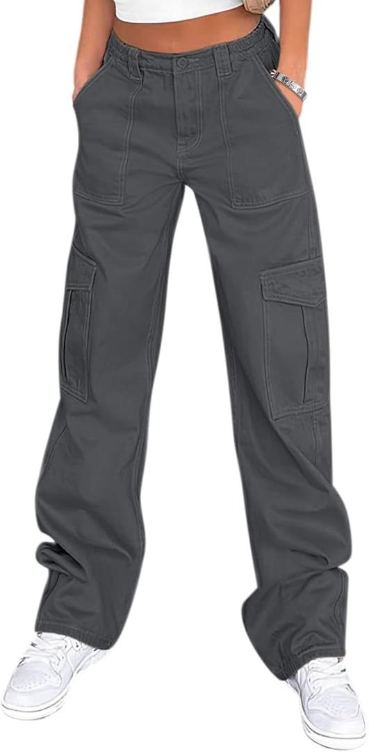 Lepunuo Cargo Pants for Women High Waisted Casual Pants Baggy Stretchy Wide Leg Y2K Streetwear with 6 Pockets (Large, Dark Grey)