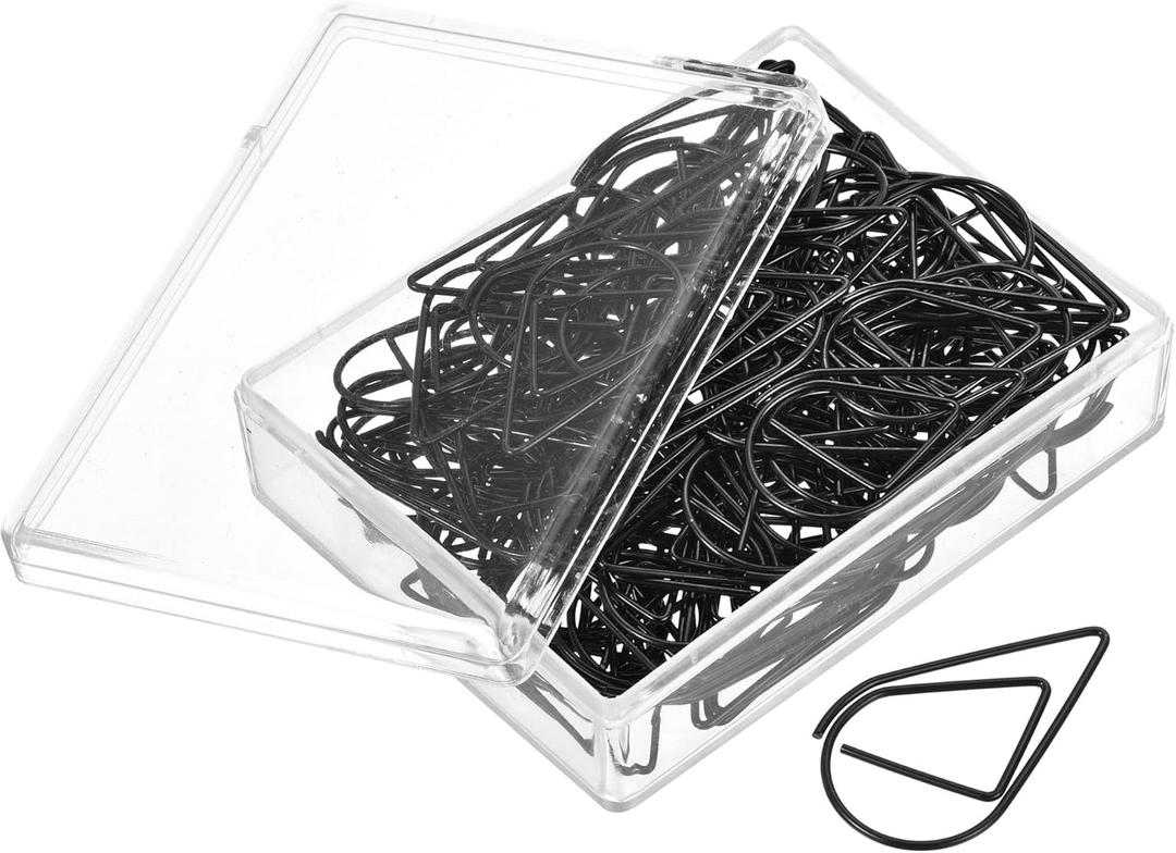 MECCANIXITY Paper Clip Drop-Shaped Cute Decorative Clips Bookmarks with Box 1.3 Inch Black for Organize Office Home, Pack of 100