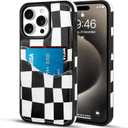 SOKAD Checkered Wallet Case for iPhone 15 Pro Max with Card Holder, Cute Checkerboard Design for Women Girls, Slim Soft Leather 2 Card Slots Protective Shockproof Phone Case, Black White