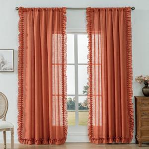 Rust Orange Linen Curtains 84 Inches Long 2 Panels Autumn Fall Farmhouse Scalloped Curtains for Bedroom Living Room, Rod Pocket Privacy Cottage Ruffled Curtain Semi-Sheer Window Drapes, W58 x L84 Inch