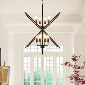Black Chandelier, 8-Light Industrial Farmhouse Ceiling Pendant Light Fixtures, Modern Foyer Lighting Fixtures, Large Chandeliers for High Ceilings, Pendant Lights Kitchen Island for Staircase,Entryway