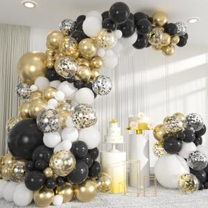 137pcs Black Gold Balloons Arch Kit - 18/12/10/5 Inch Gold White and Black Confetti Balloons for 2025 Graduation Birthday Wedding New Year Party Decorations