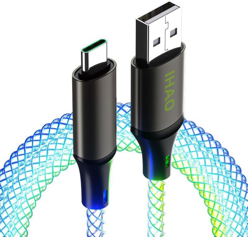 IHAO RGB USB A to Type C Fast Charging Cable Phone Charger High Data Speed Light Up Colourful RGB Current Flowing for All USB C Device-39 Inches Biege